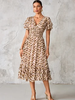 Frill Hem Chiffon Midi Dress, Brown Animal