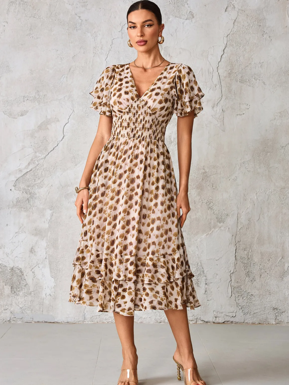 Frill Hem Chiffon Midi Dress, Brown Animal