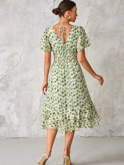 Frill Hem Chiffon Midi Dress, Green Animal