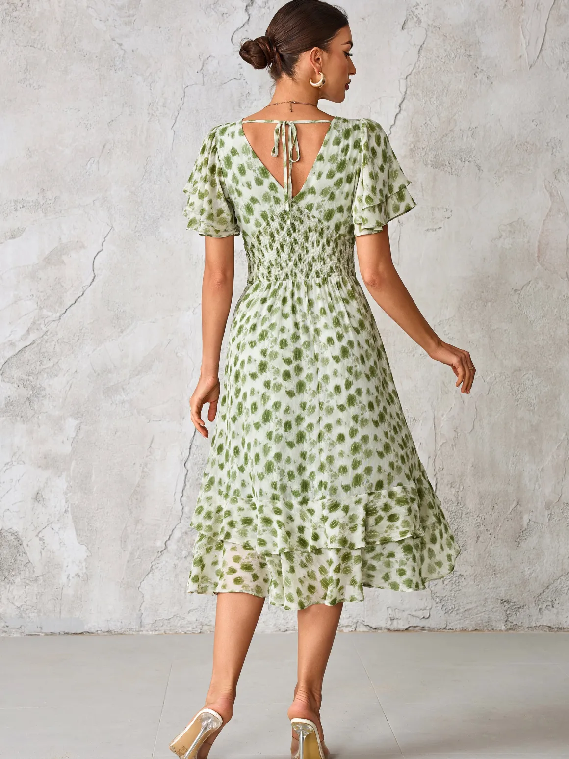 Frill Hem Chiffon Midi Dress, Green Animal