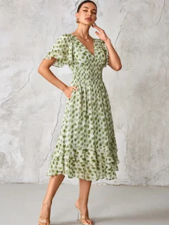 Frill Hem Chiffon Midi Dress, Green Animal