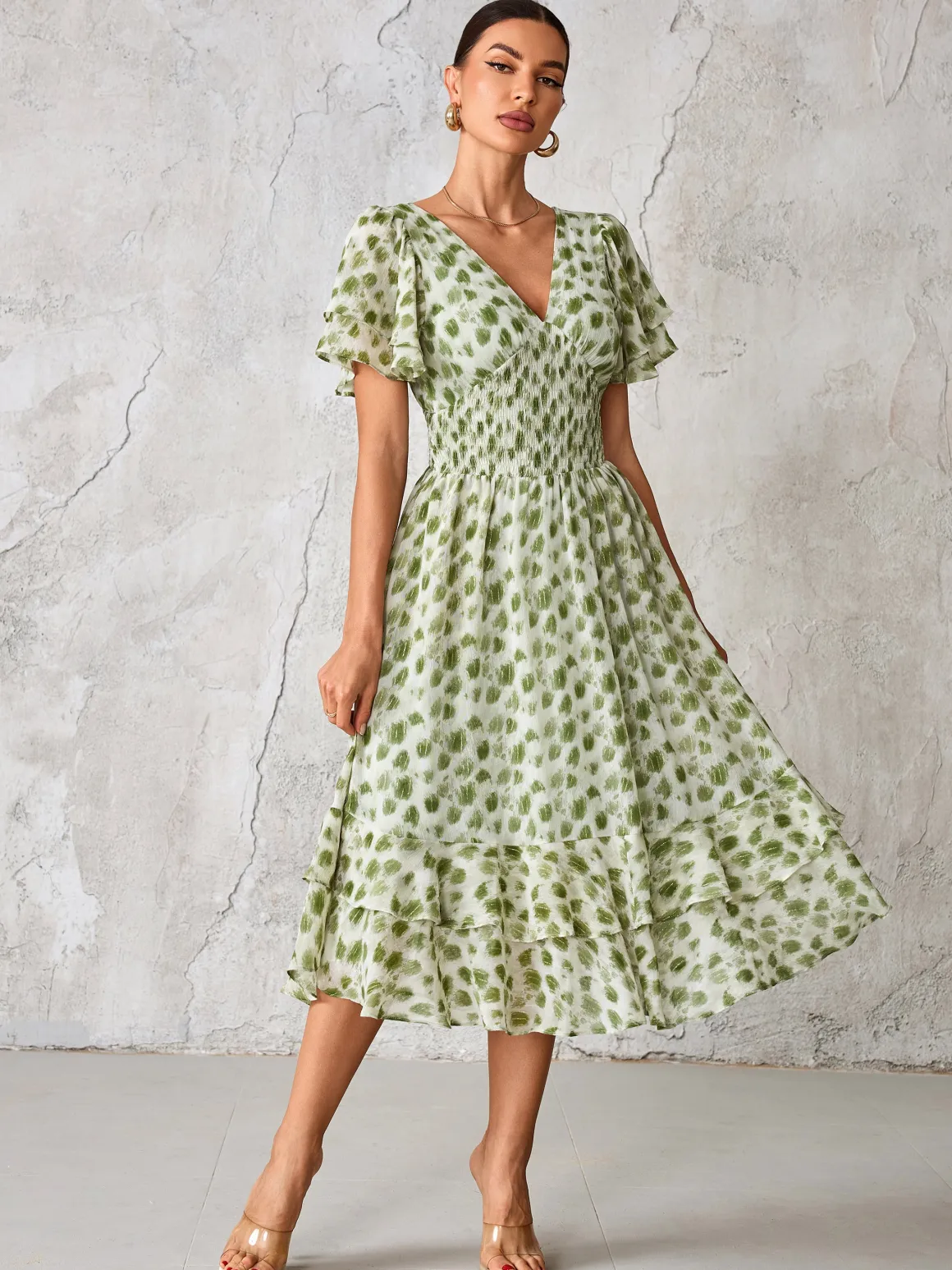 Frill Hem Chiffon Midi Dress, Green Animal