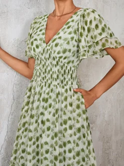 Frill Hem Chiffon Midi Dress, Green Animal