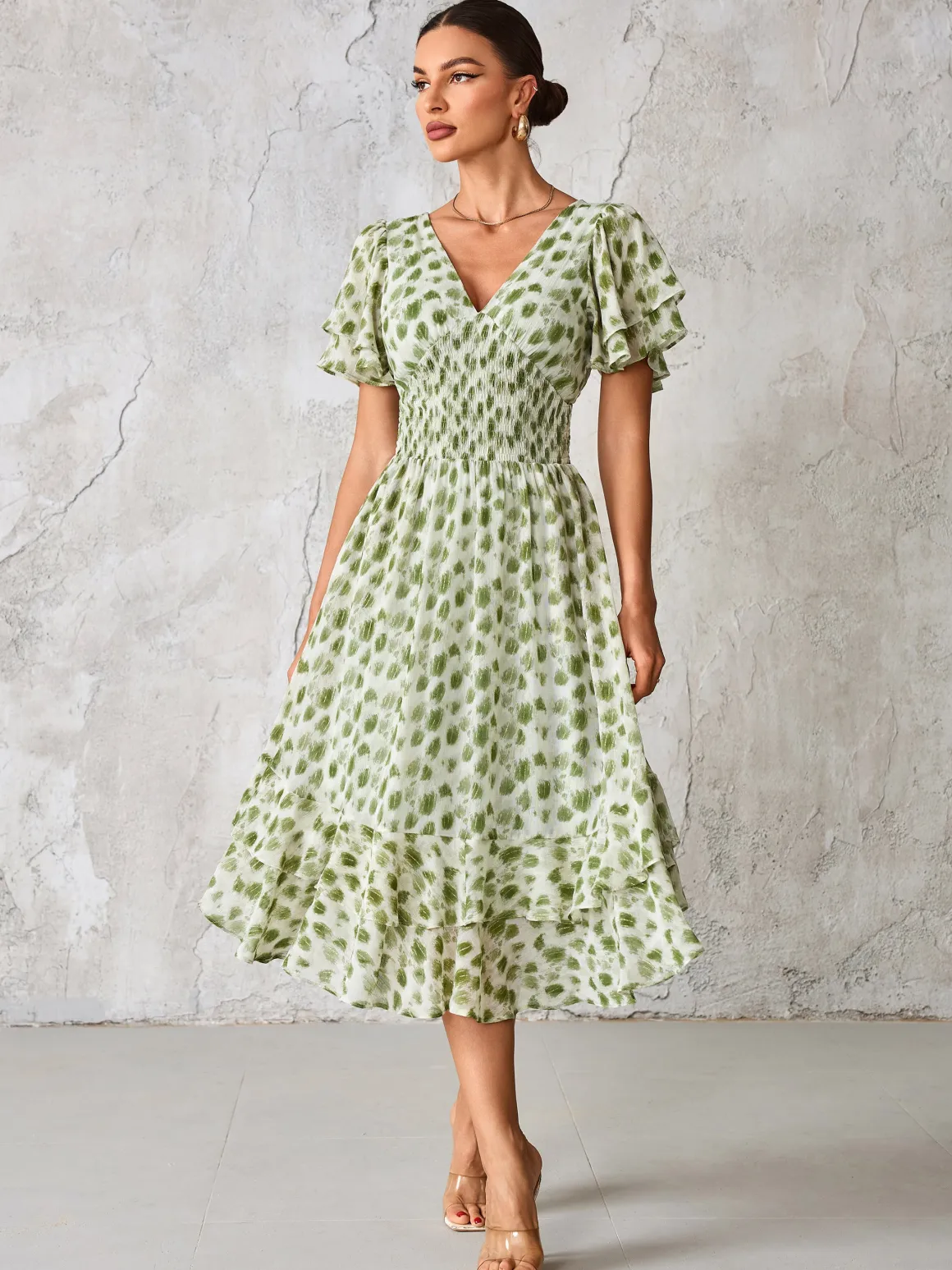 Frill Hem Chiffon Midi Dress, Green Animal