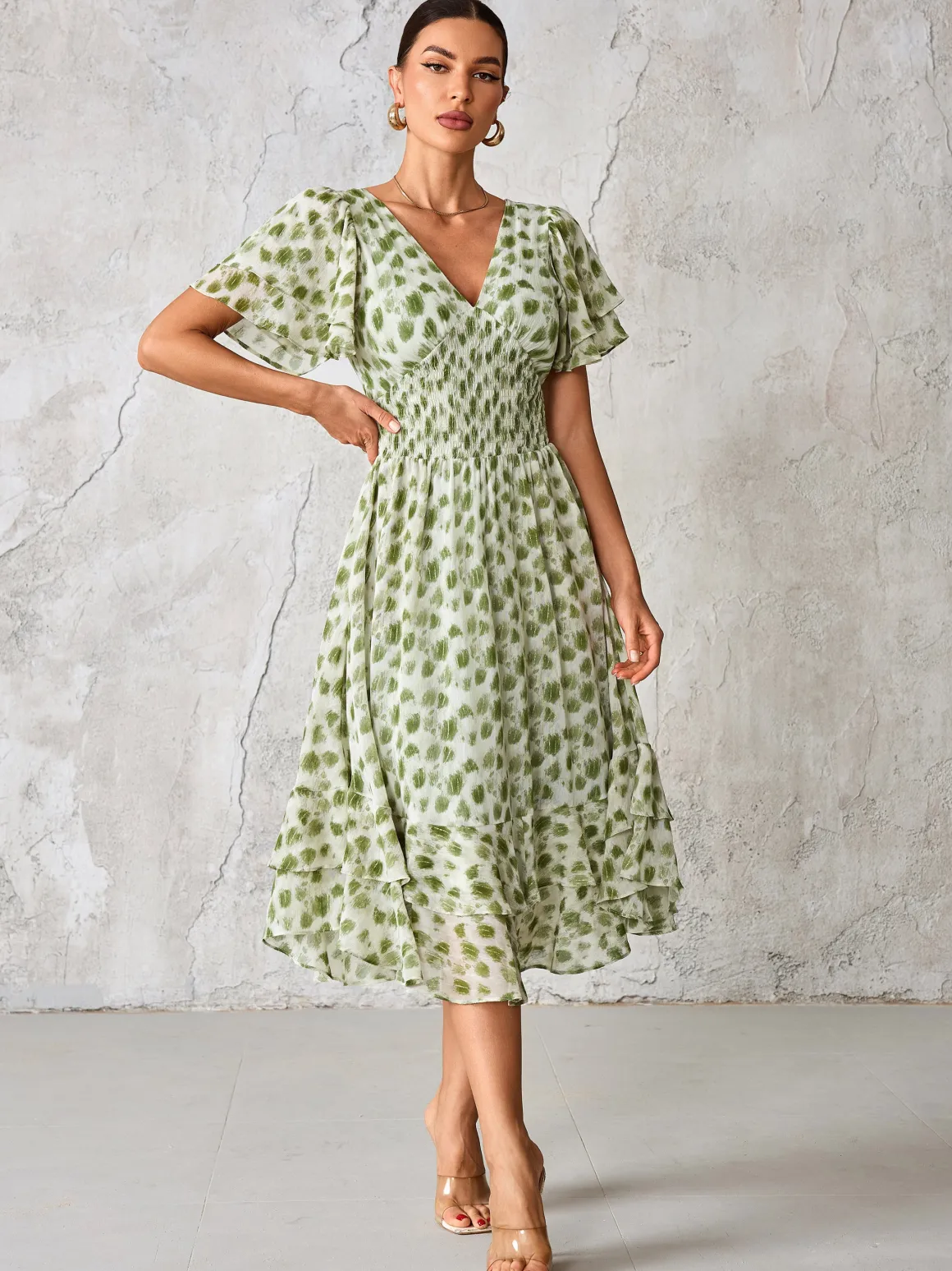 Frill Hem Chiffon Midi Dress, Green Animal
