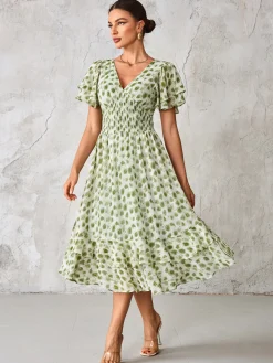 Frill Hem Chiffon Midi Dress, Green Animal