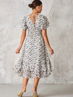Frill Hem Chiffon Midi Dress, Purple Animal