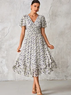 Frill Hem Chiffon Midi Dress, Purple Animal