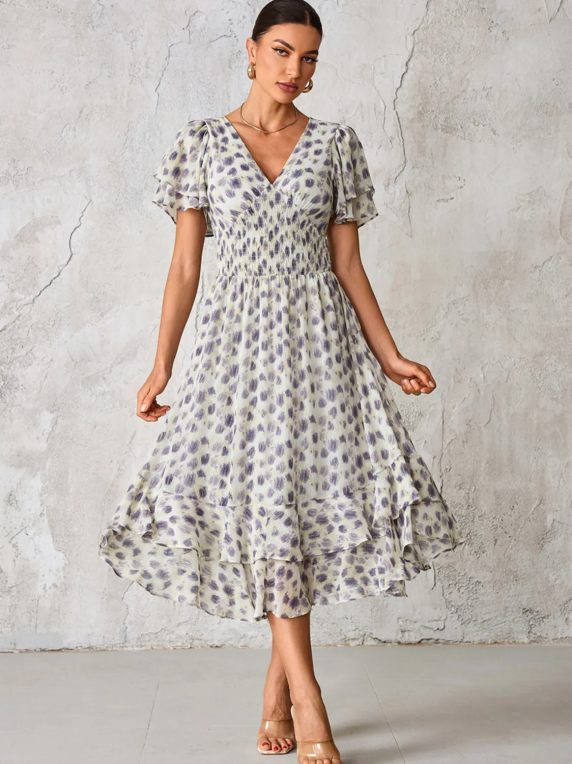 Frill Hem Chiffon Midi Dress, Purple Animal