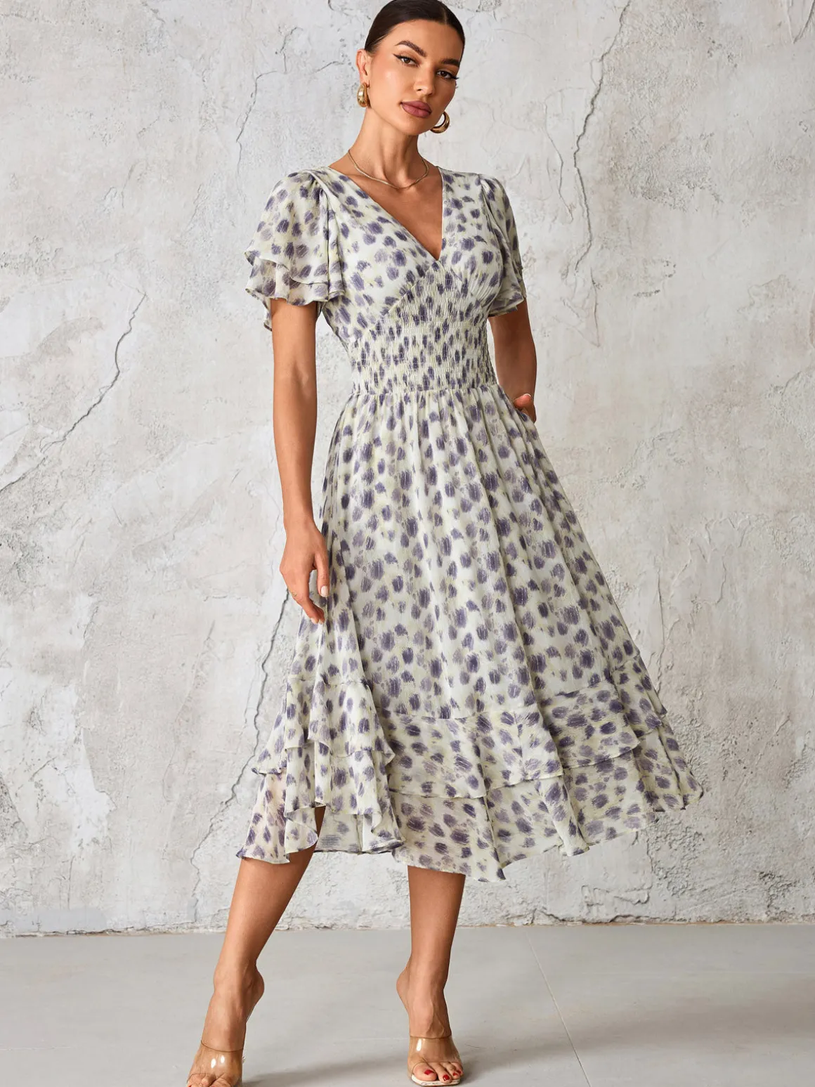 Frill Hem Chiffon Midi Dress, Purple Animal