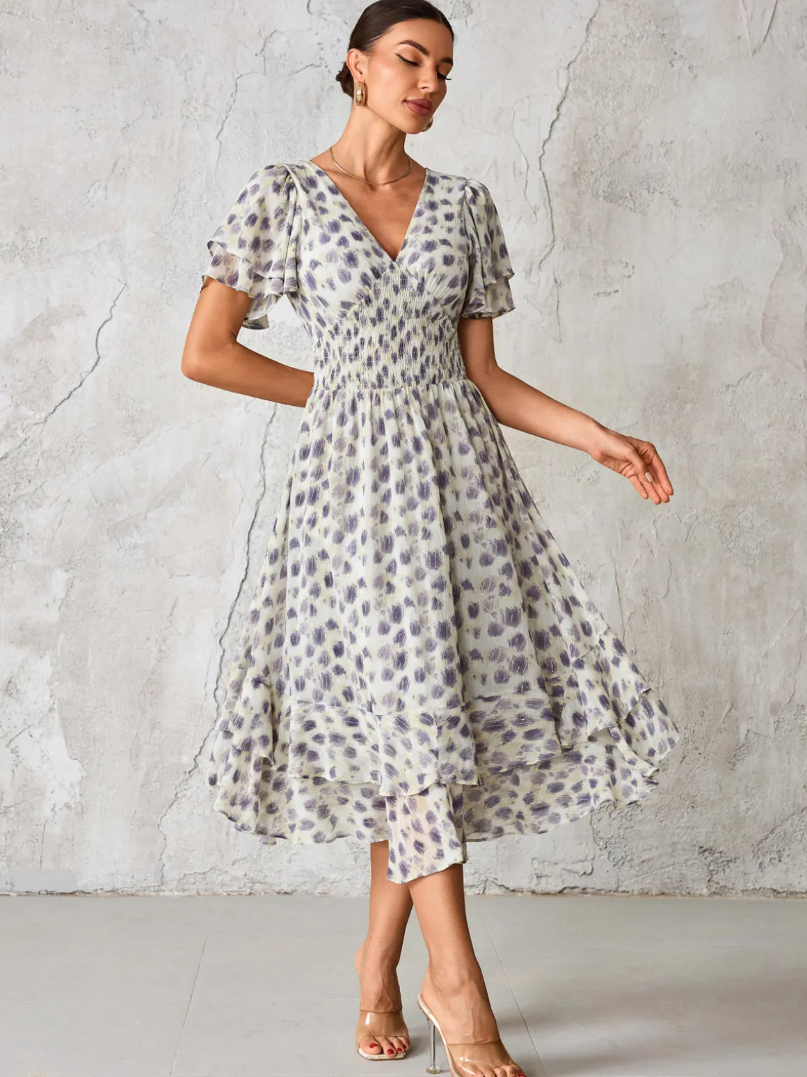 Frill Hem Chiffon Midi Dress, Purple Animal