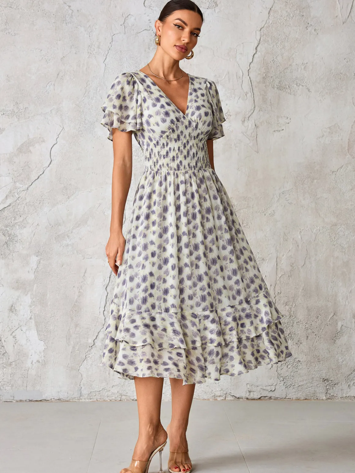 Frill Hem Chiffon Midi Dress, Purple Animal