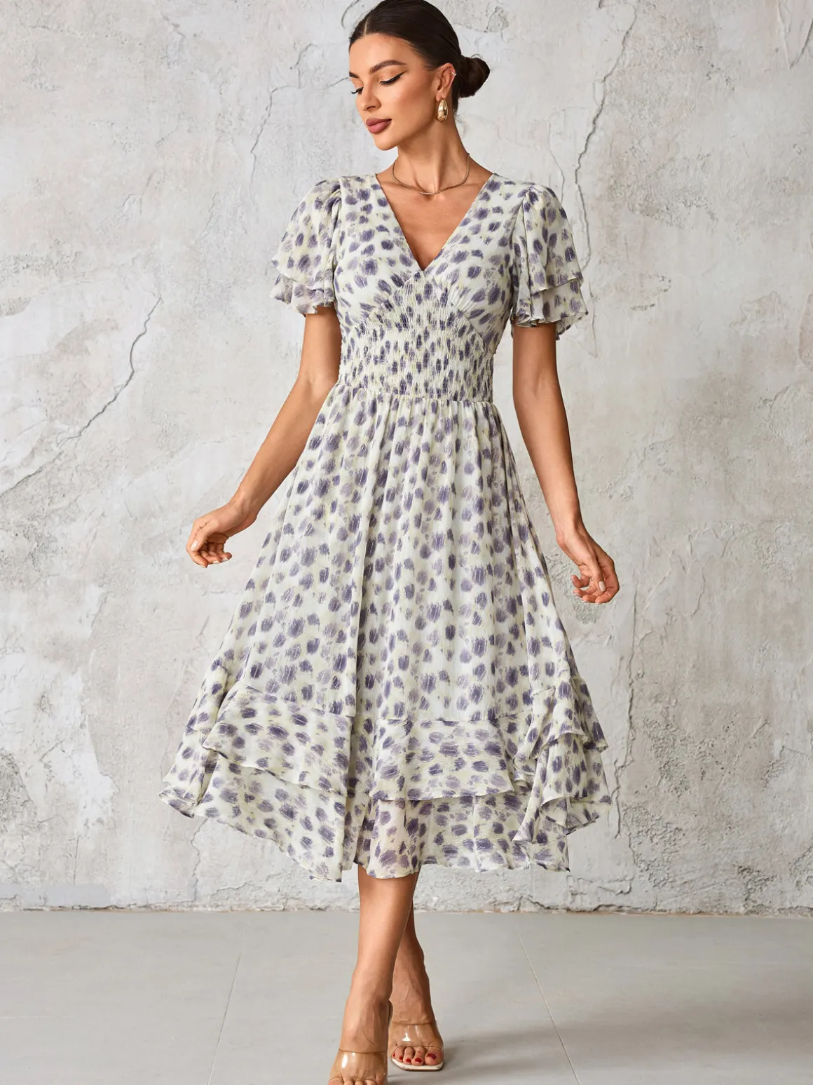 Frill Hem Chiffon Midi Dress, Purple Animal
