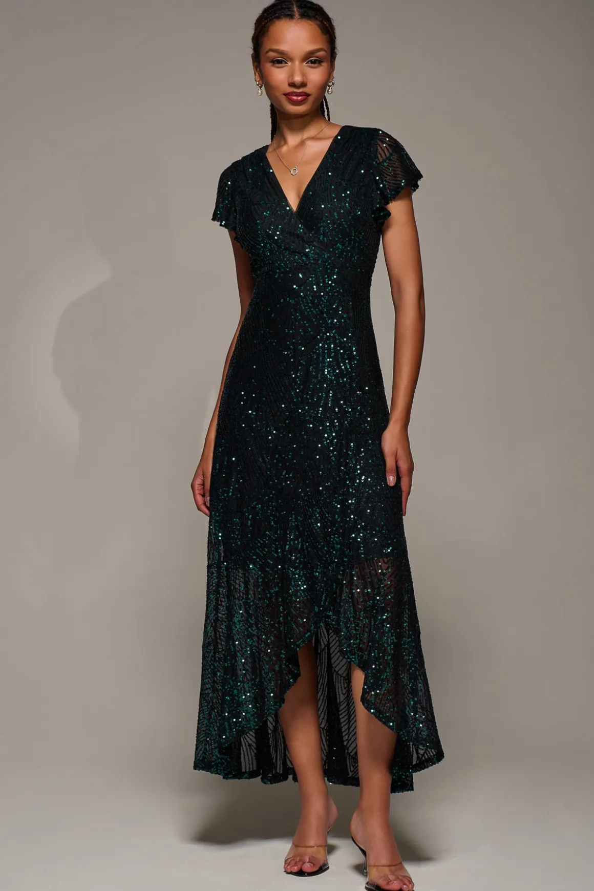 Frill Short Sleeve Sequin Maxi Dress, Black Green