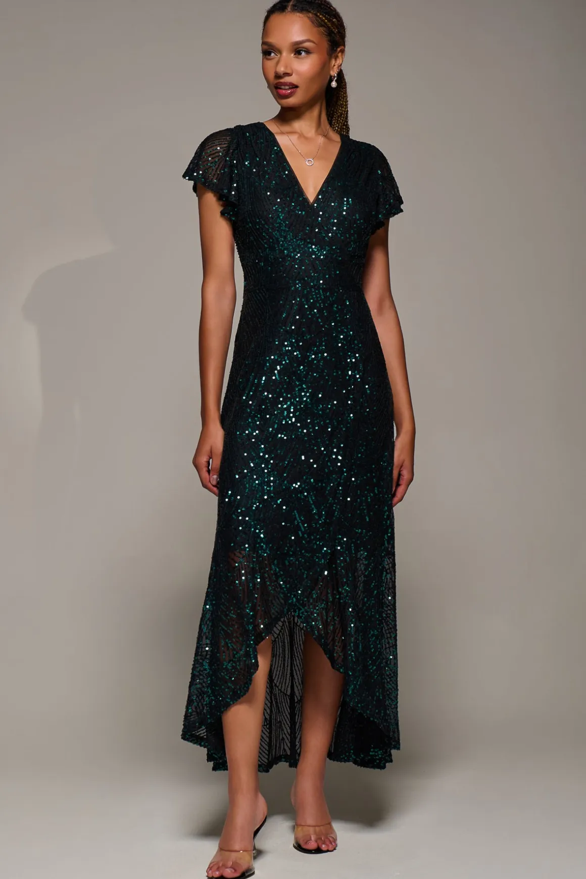 Frill Short Sleeve Sequin Maxi Dress, Black Green
