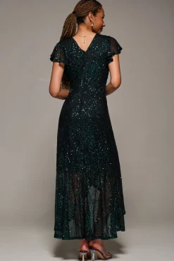 Frill Short Sleeve Sequin Maxi Dress, Black Green