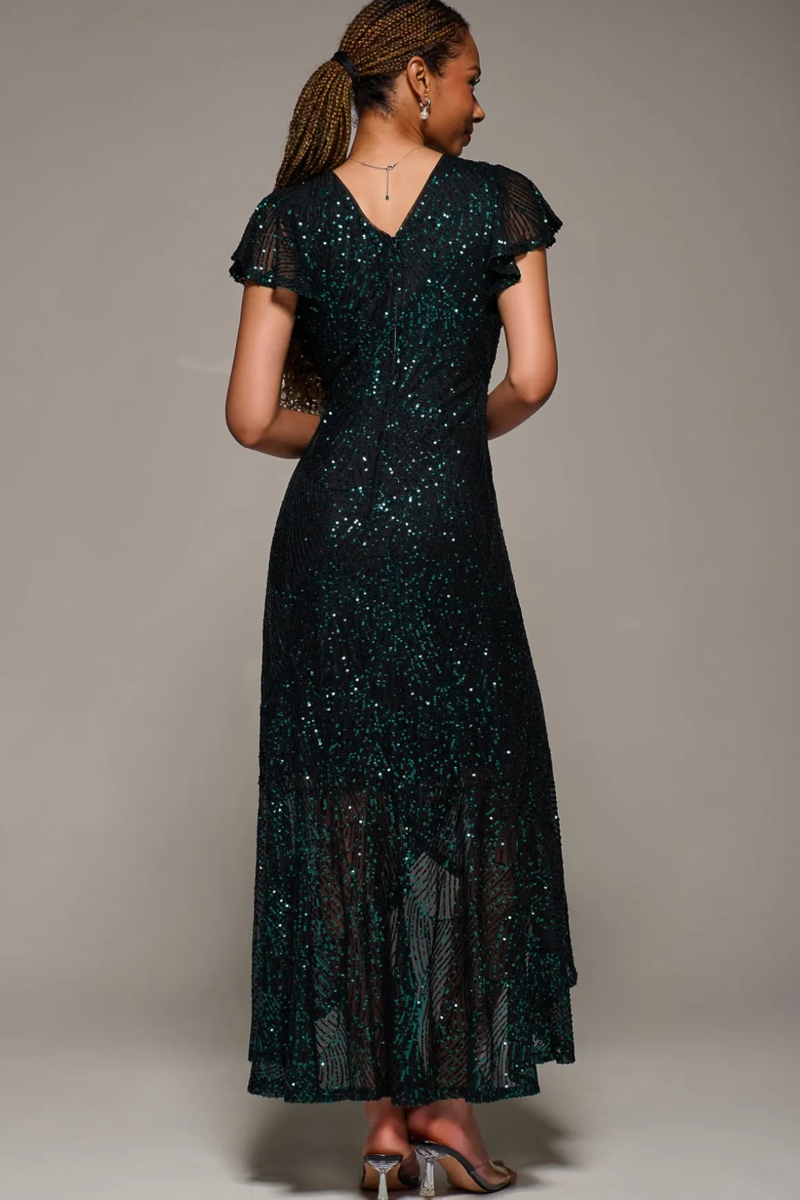 Frill Short Sleeve Sequin Maxi Dress, Black Green