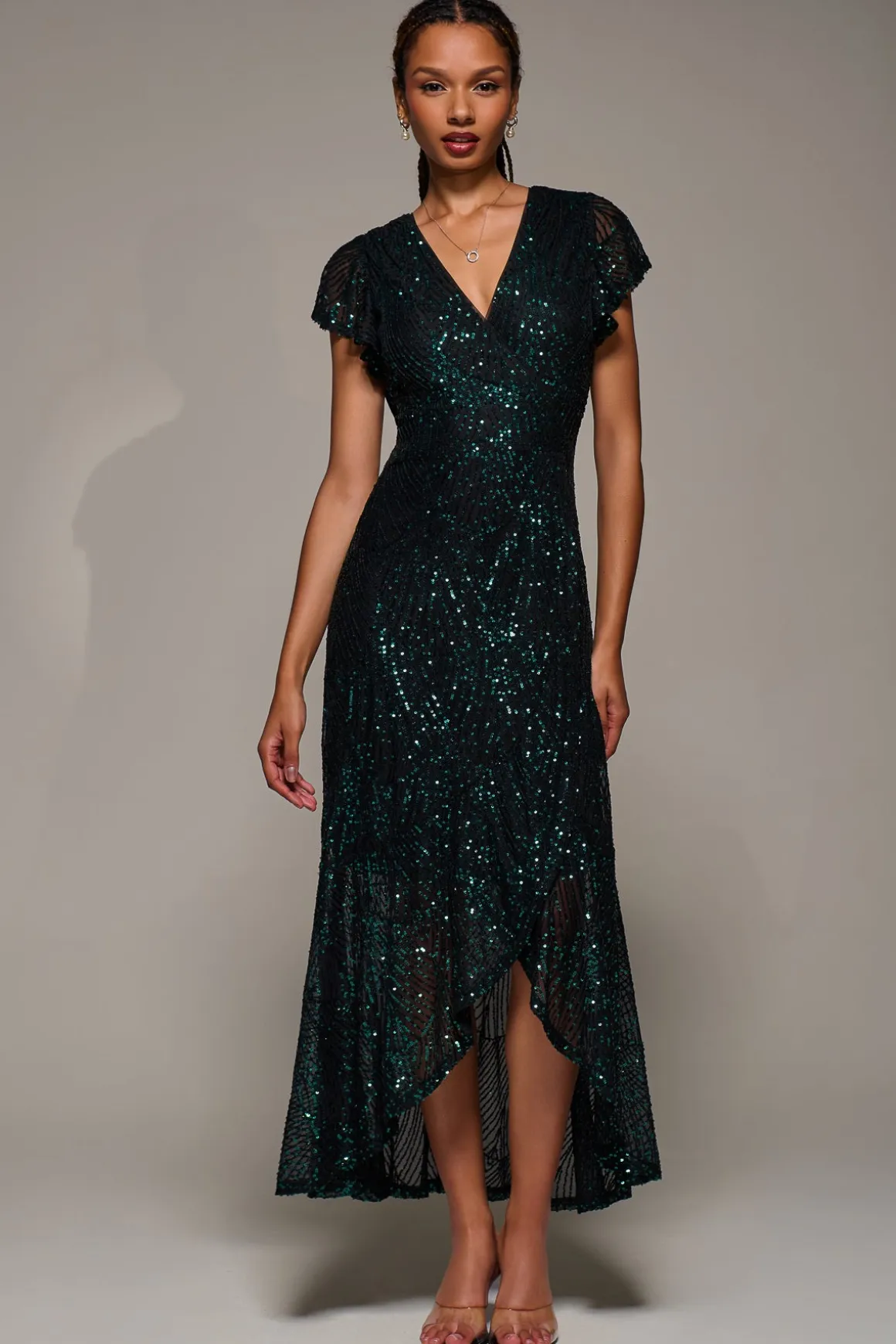 Frill Short Sleeve Sequin Maxi Dress, Black Green