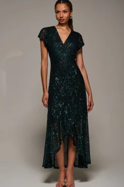 Frill Short Sleeve Sequin Maxi Dress, Black Green