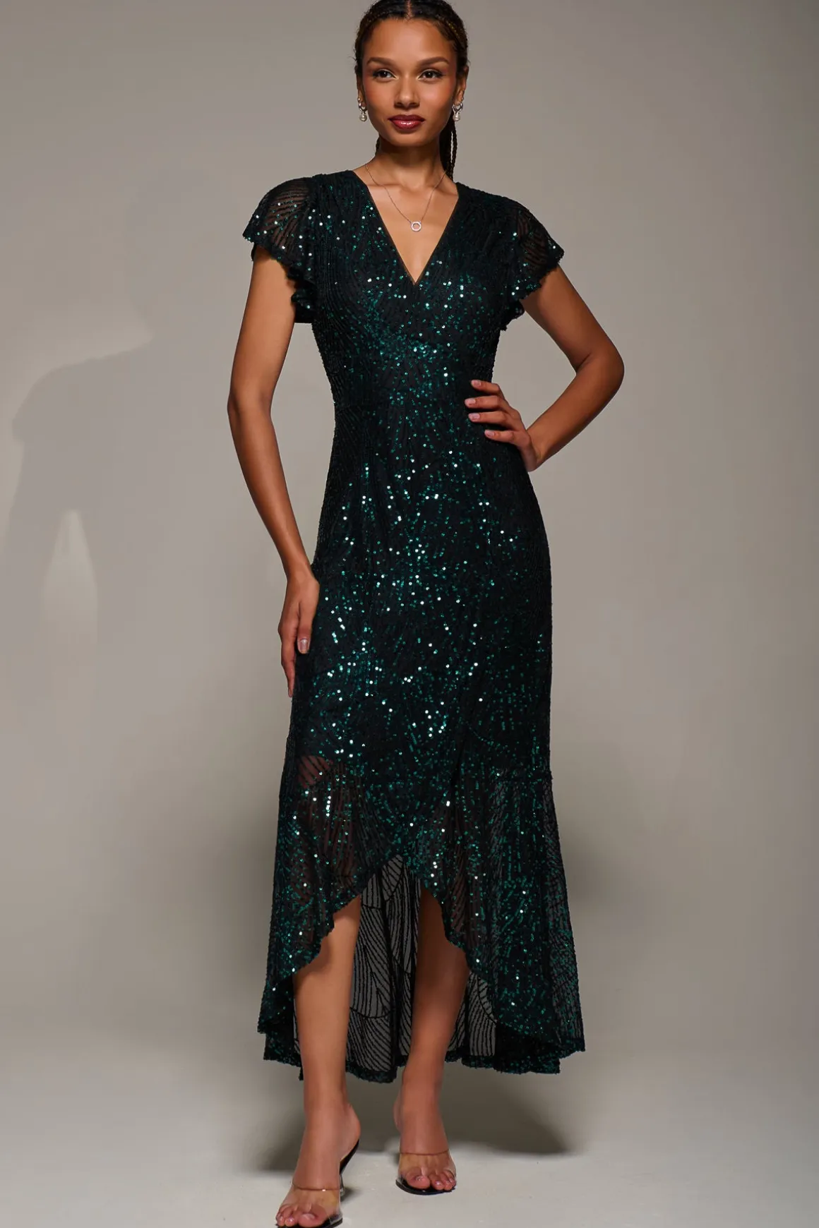 Frill Short Sleeve Sequin Maxi Dress, Black Green