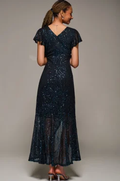 Frill Short Sleeve Sequin Maxi Dress, Black Navy