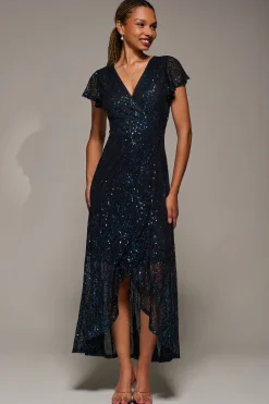 Frill Short Sleeve Sequin Maxi Dress, Black Navy