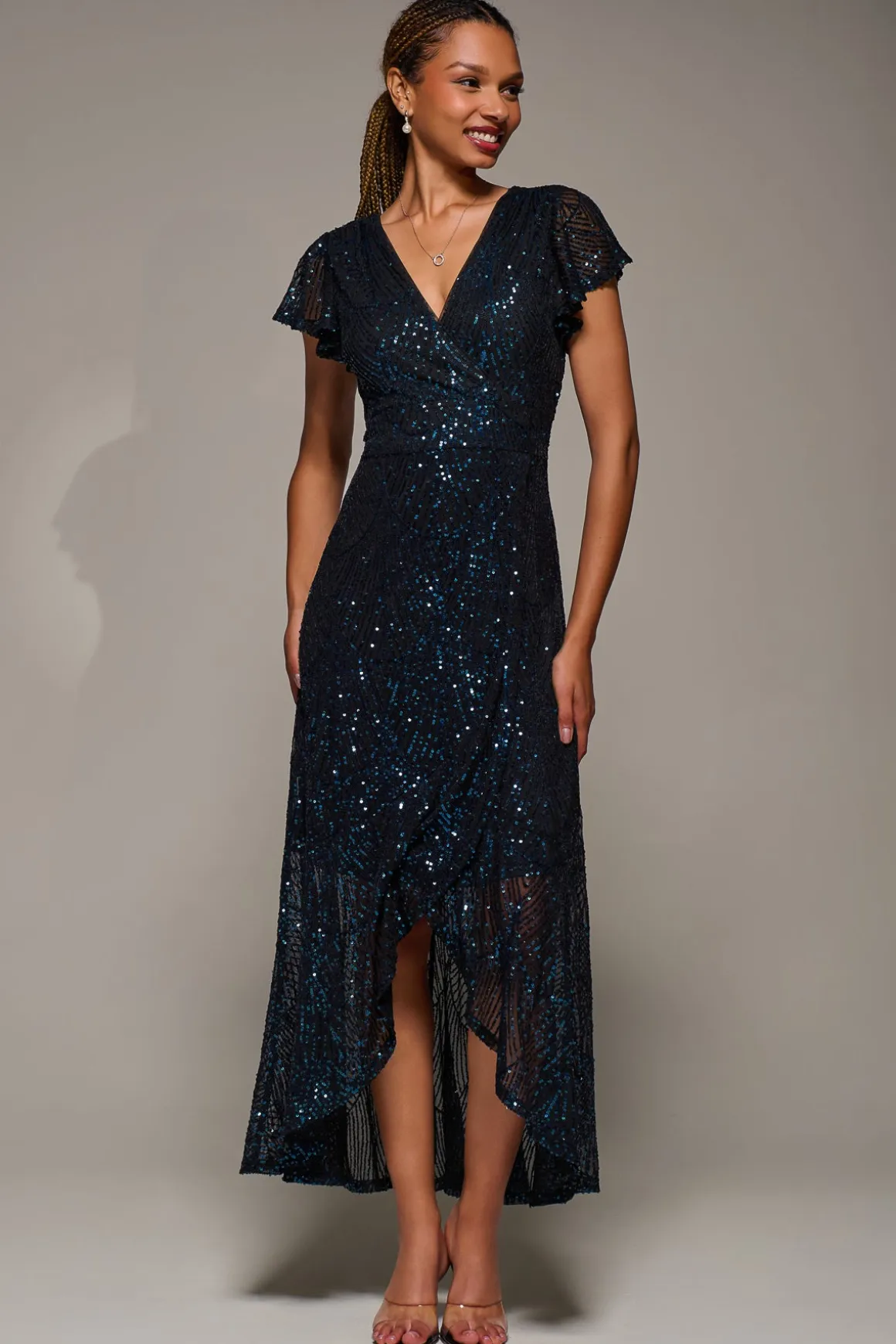 Frill Short Sleeve Sequin Maxi Dress, Black Navy