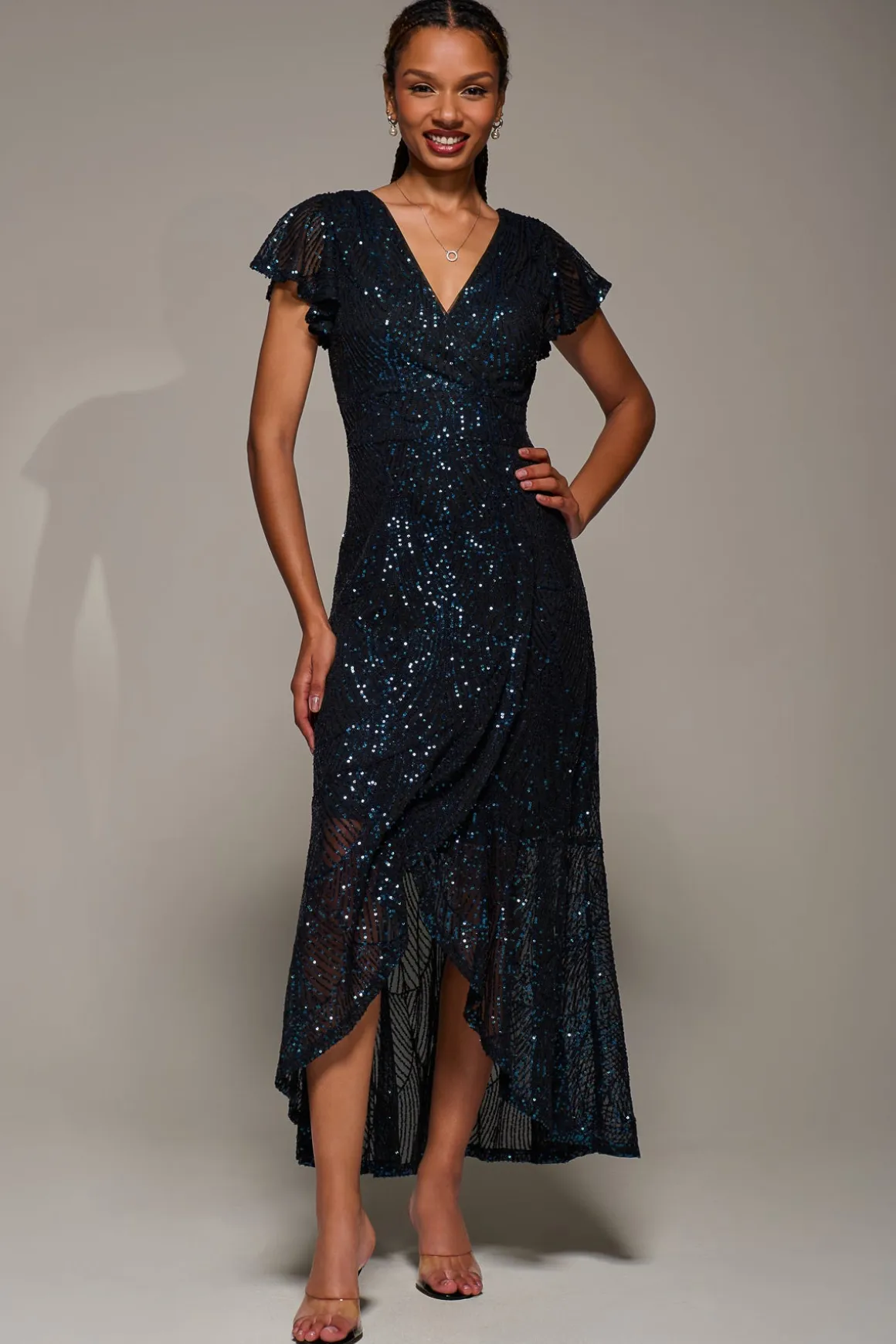 Frill Short Sleeve Sequin Maxi Dress, Black Navy