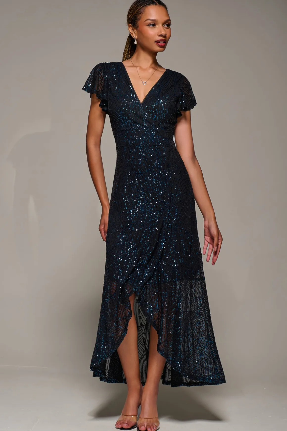Frill Short Sleeve Sequin Maxi Dress, Black Navy