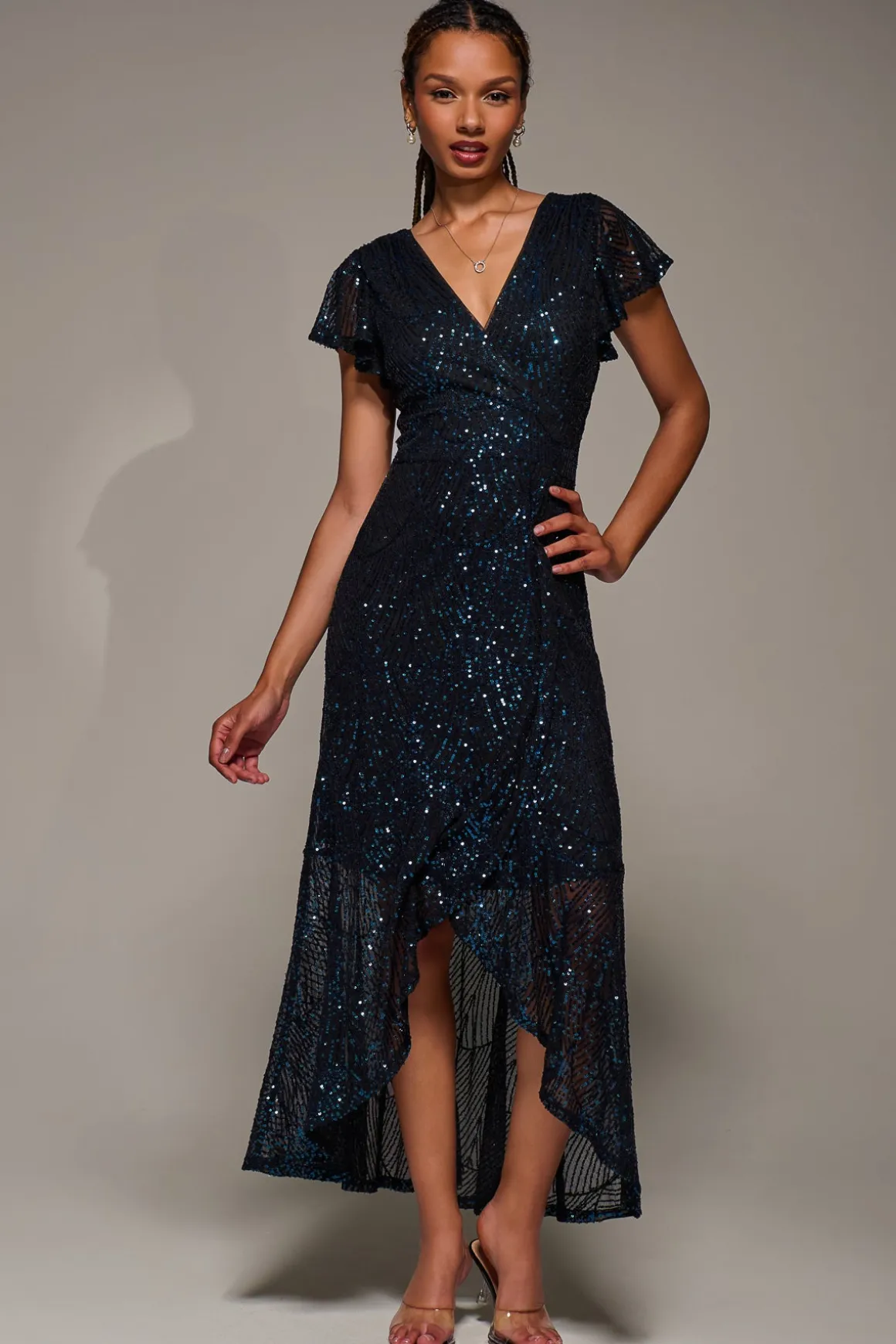 Frill Short Sleeve Sequin Maxi Dress, Black Navy