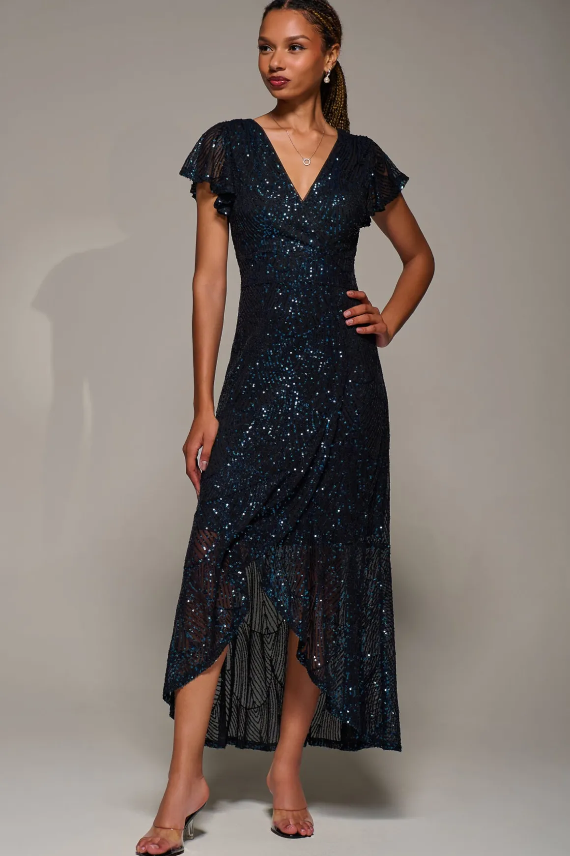 Frill Short Sleeve Sequin Maxi Dress, Black Navy