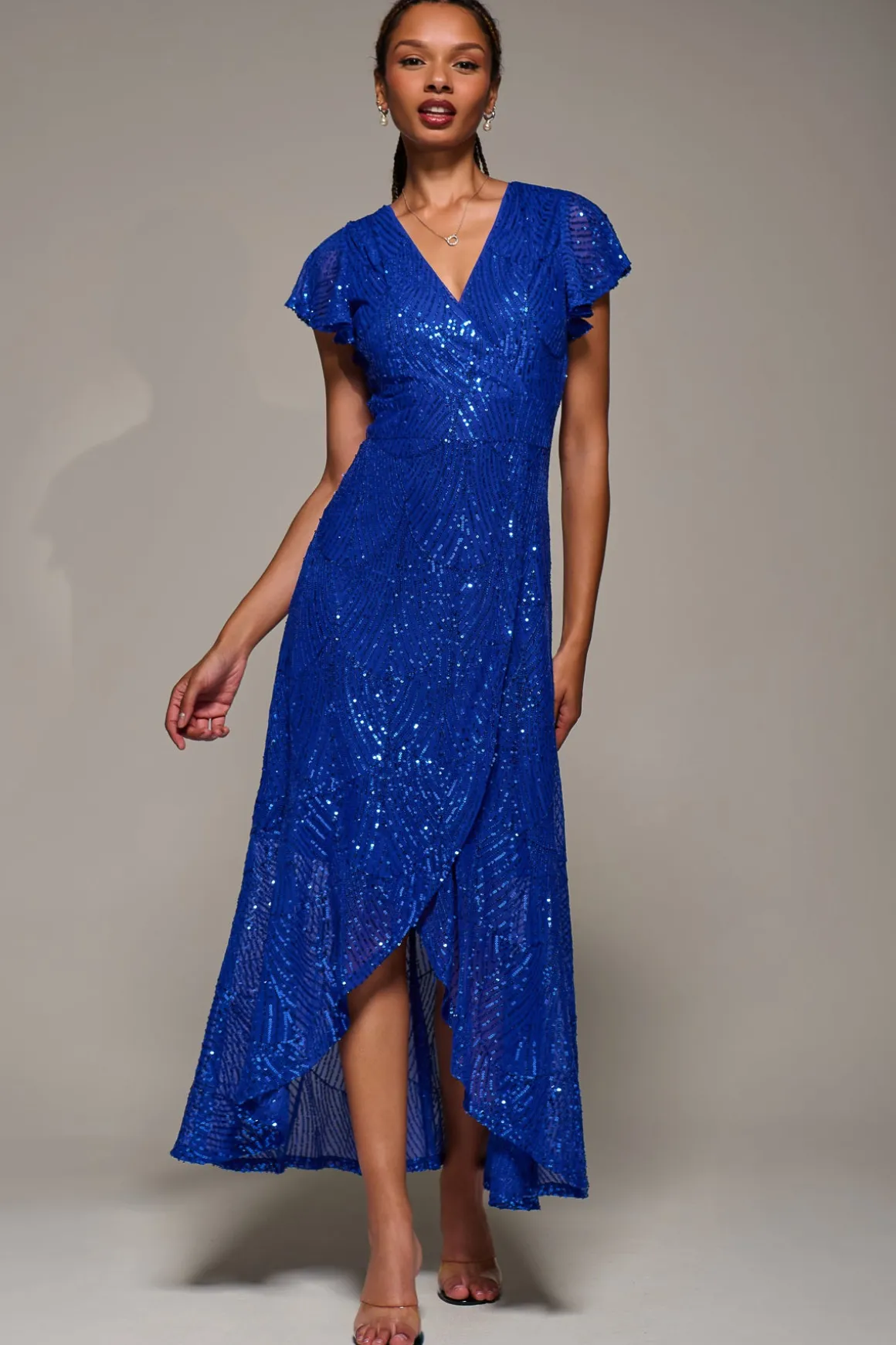 Frill Short Sleeve Sequin Maxi Dress, Royal Blue