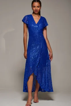 Frill Short Sleeve Sequin Maxi Dress, Royal Blue
