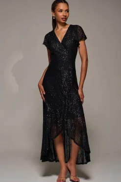 Frill Short Sleeve Sequin Maxi Dress, Satin Black