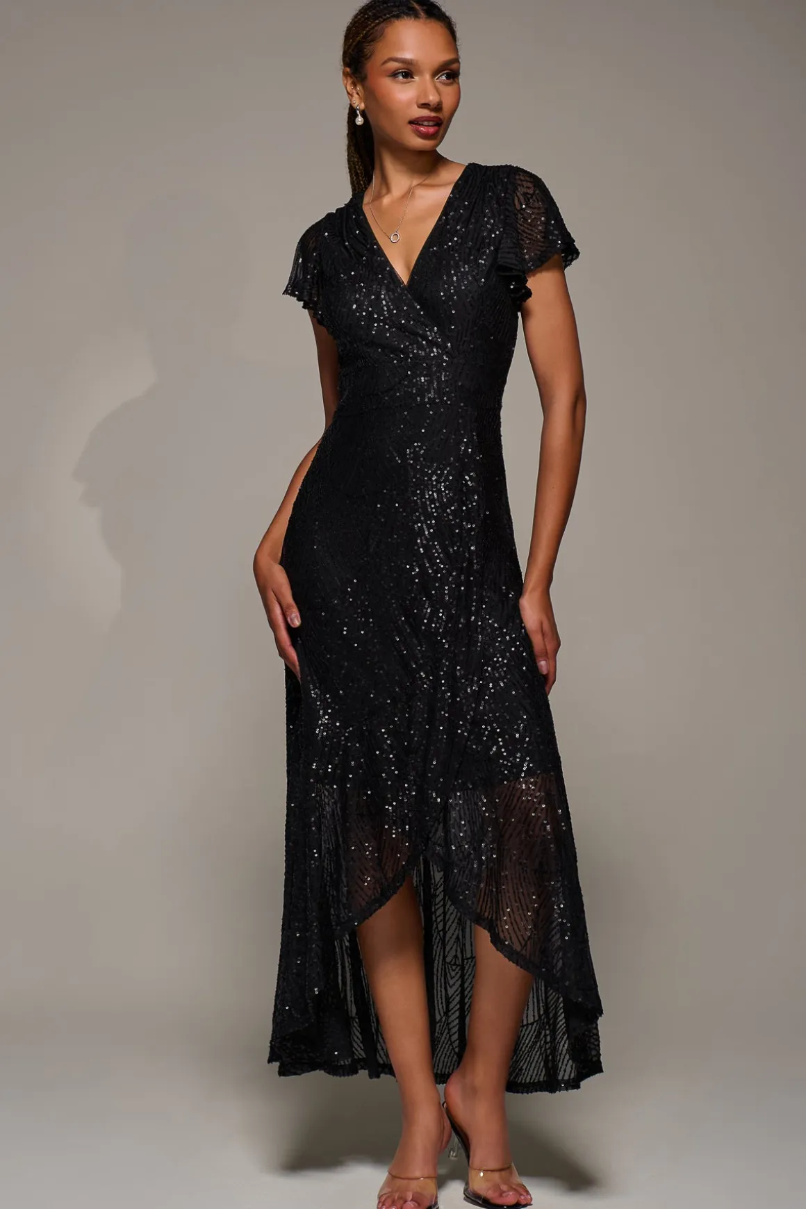 Frill Short Sleeve Sequin Maxi Dress, Satin Black