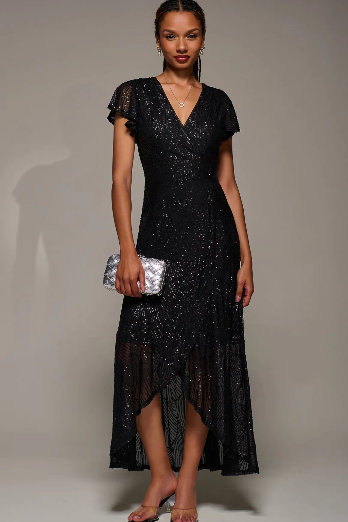 Frill Short Sleeve Sequin Maxi Dress, Satin Black