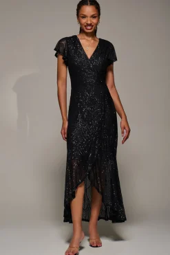 Frill Short Sleeve Sequin Maxi Dress, Satin Black