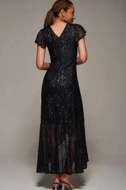 Frill Short Sleeve Sequin Maxi Dress, Satin Black