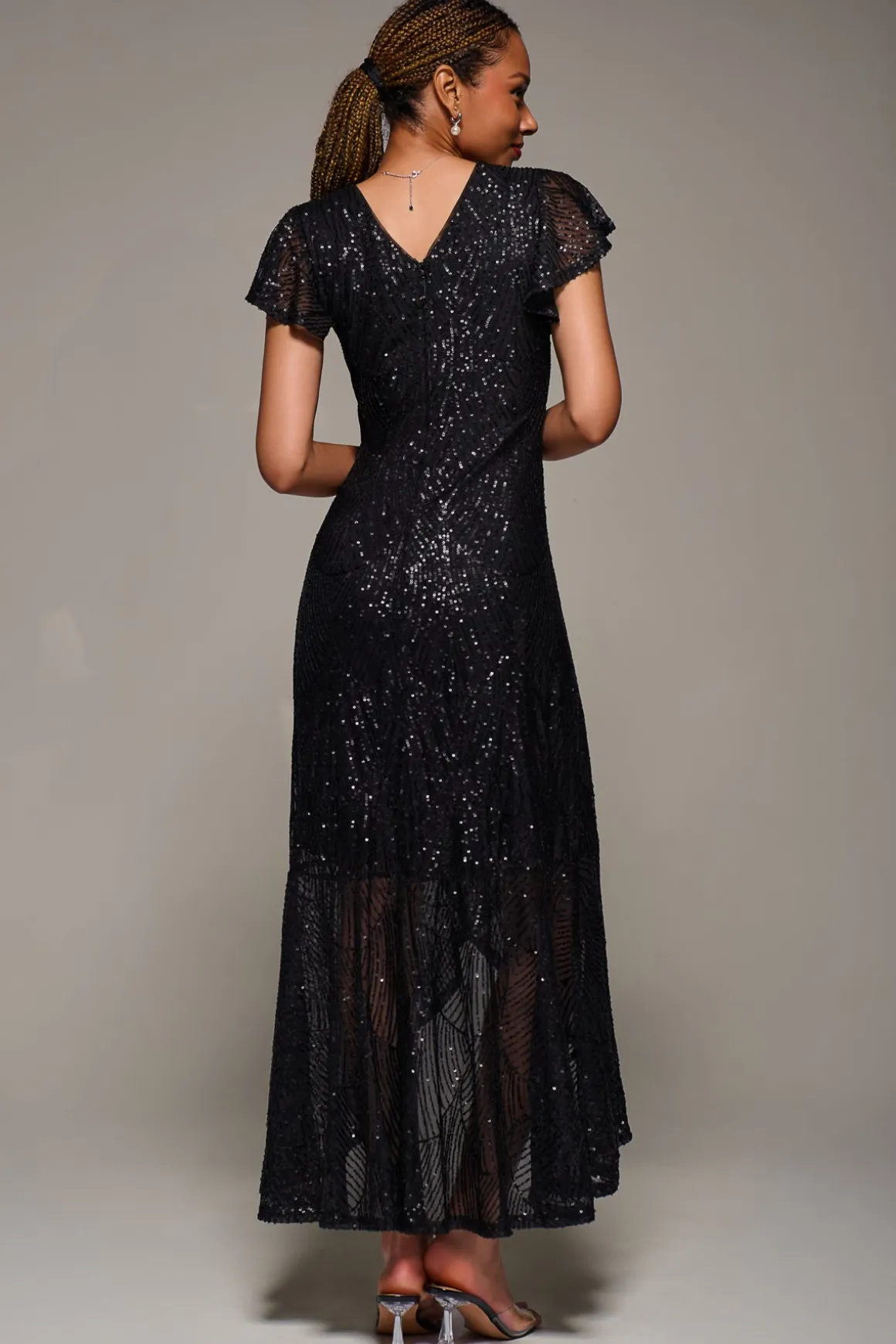 Frill Short Sleeve Sequin Maxi Dress, Satin Black