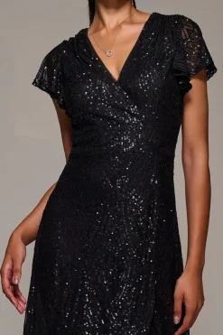 Frill Short Sleeve Sequin Maxi Dress, Satin Black
