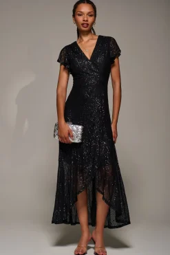 Frill Short Sleeve Sequin Maxi Dress, Satin Black