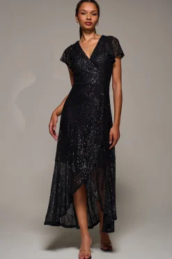 Frill Short Sleeve Sequin Maxi Dress, Satin Black