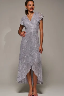 Frill Short Sleeve Sequin Maxi Dress, Silver Grey