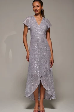 Frill Short Sleeve Sequin Maxi Dress, Silver Grey