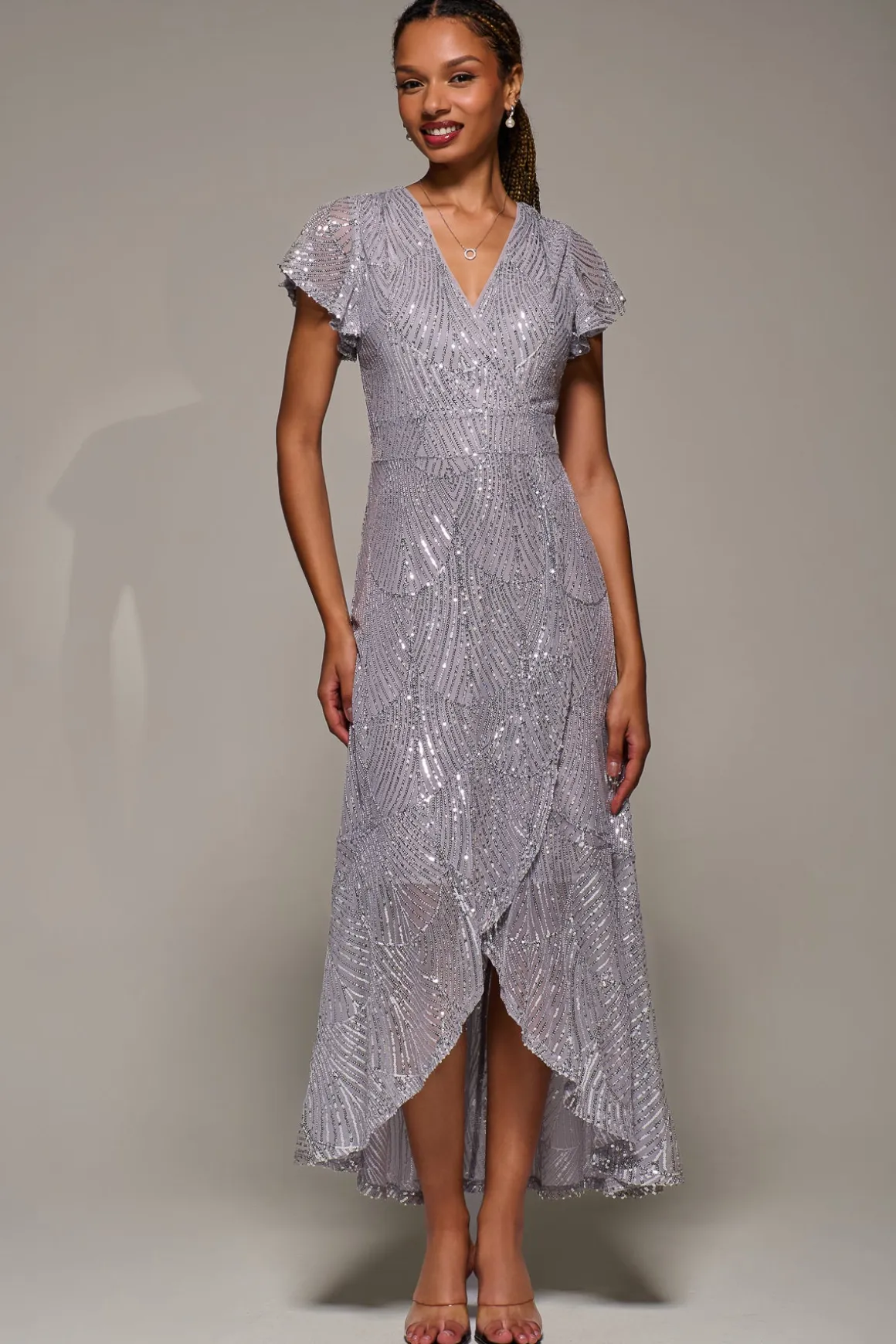 Frill Short Sleeve Sequin Maxi Dress, Silver Grey
