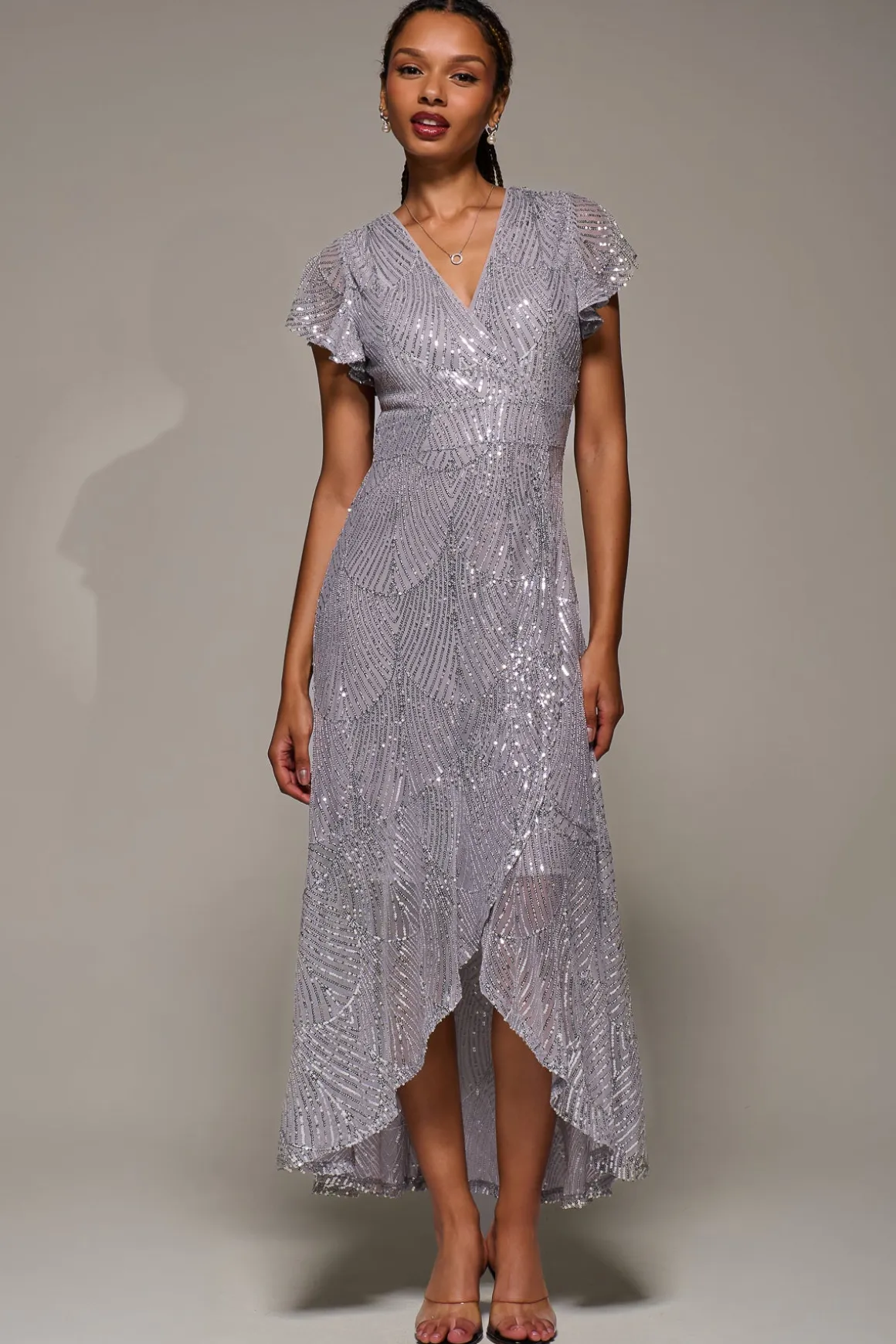 Frill Short Sleeve Sequin Maxi Dress, Silver Grey