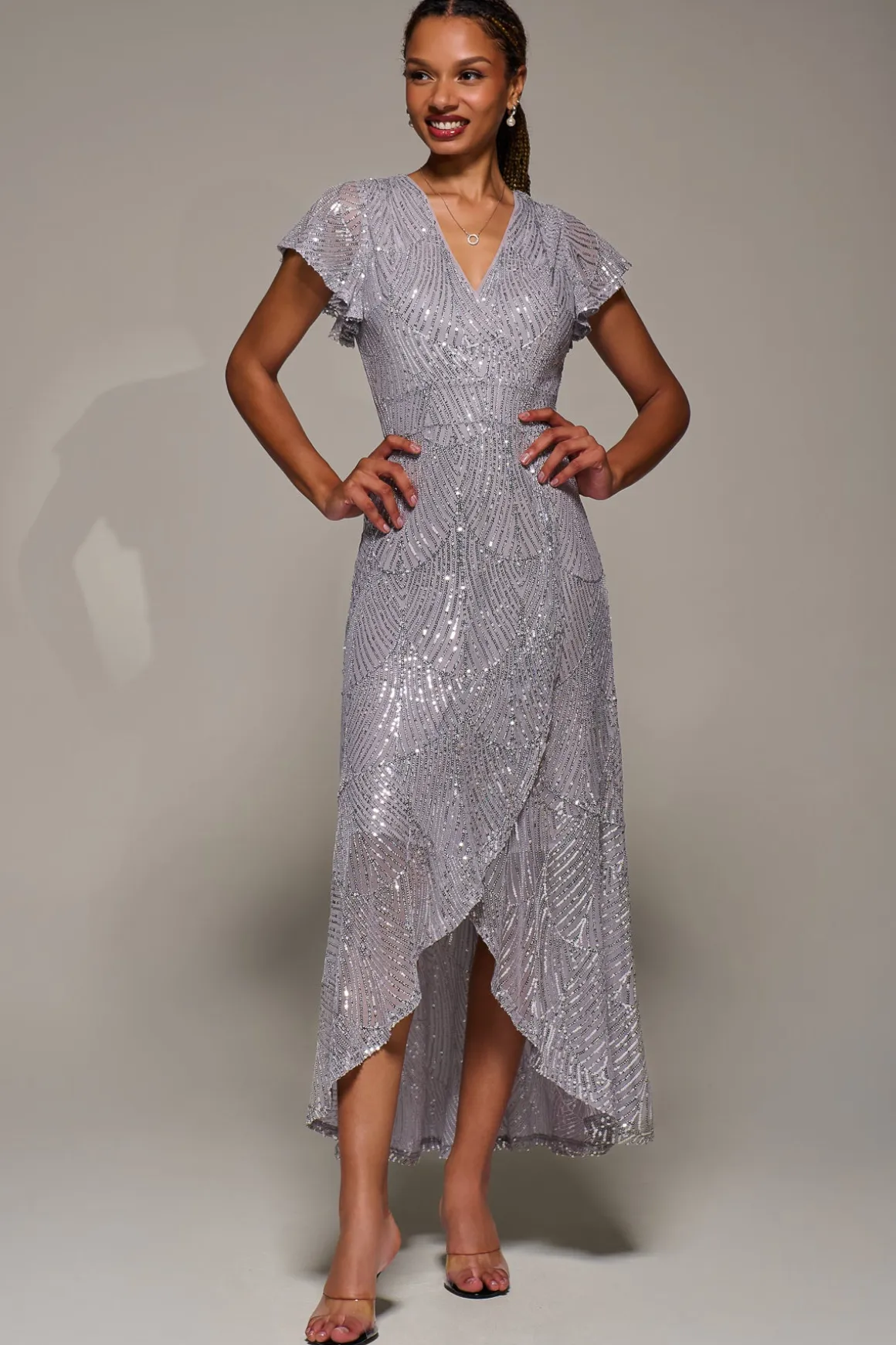 Frill Short Sleeve Sequin Maxi Dress, Silver Grey