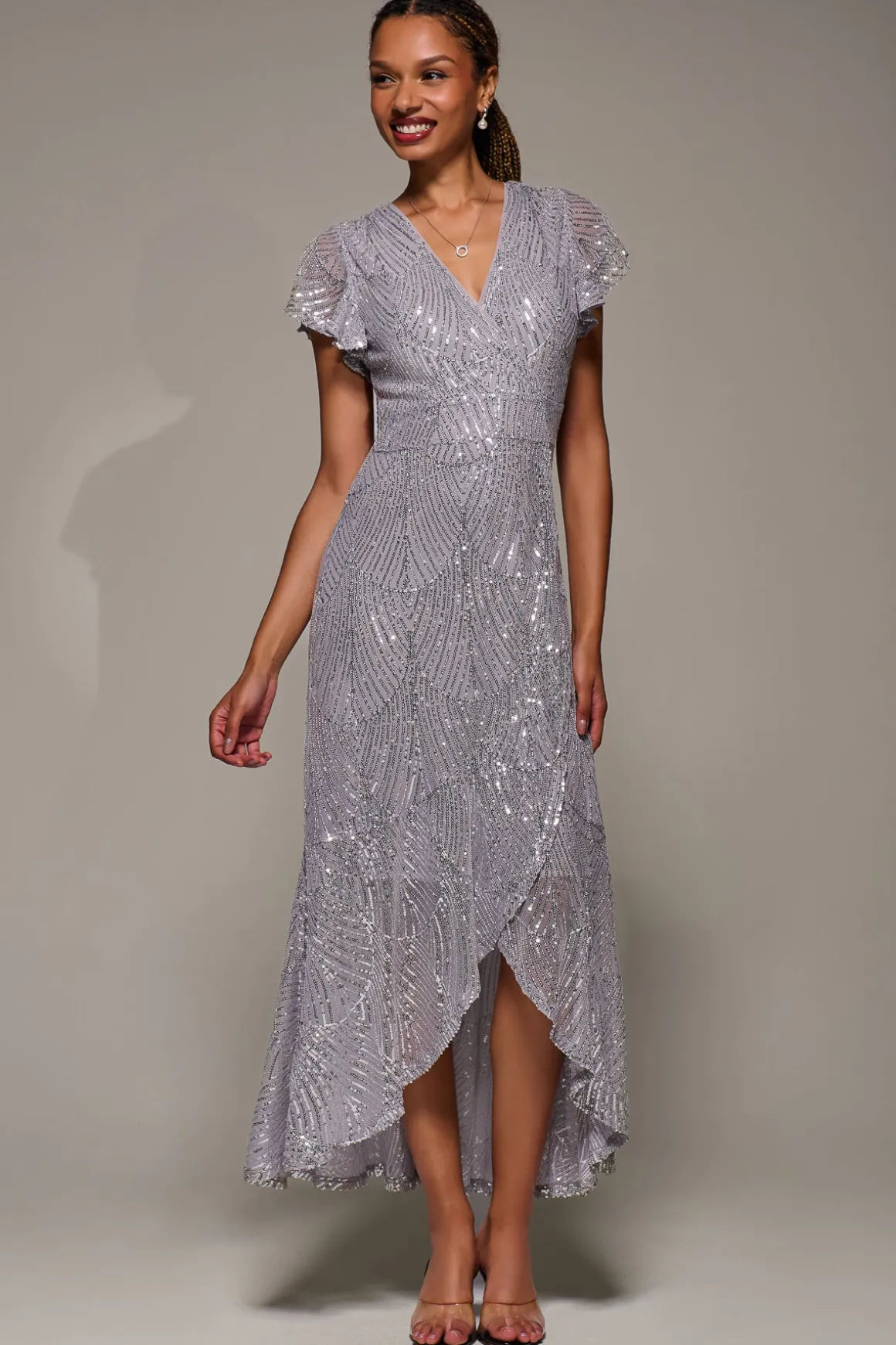 Frill Short Sleeve Sequin Maxi Dress, Silver Grey