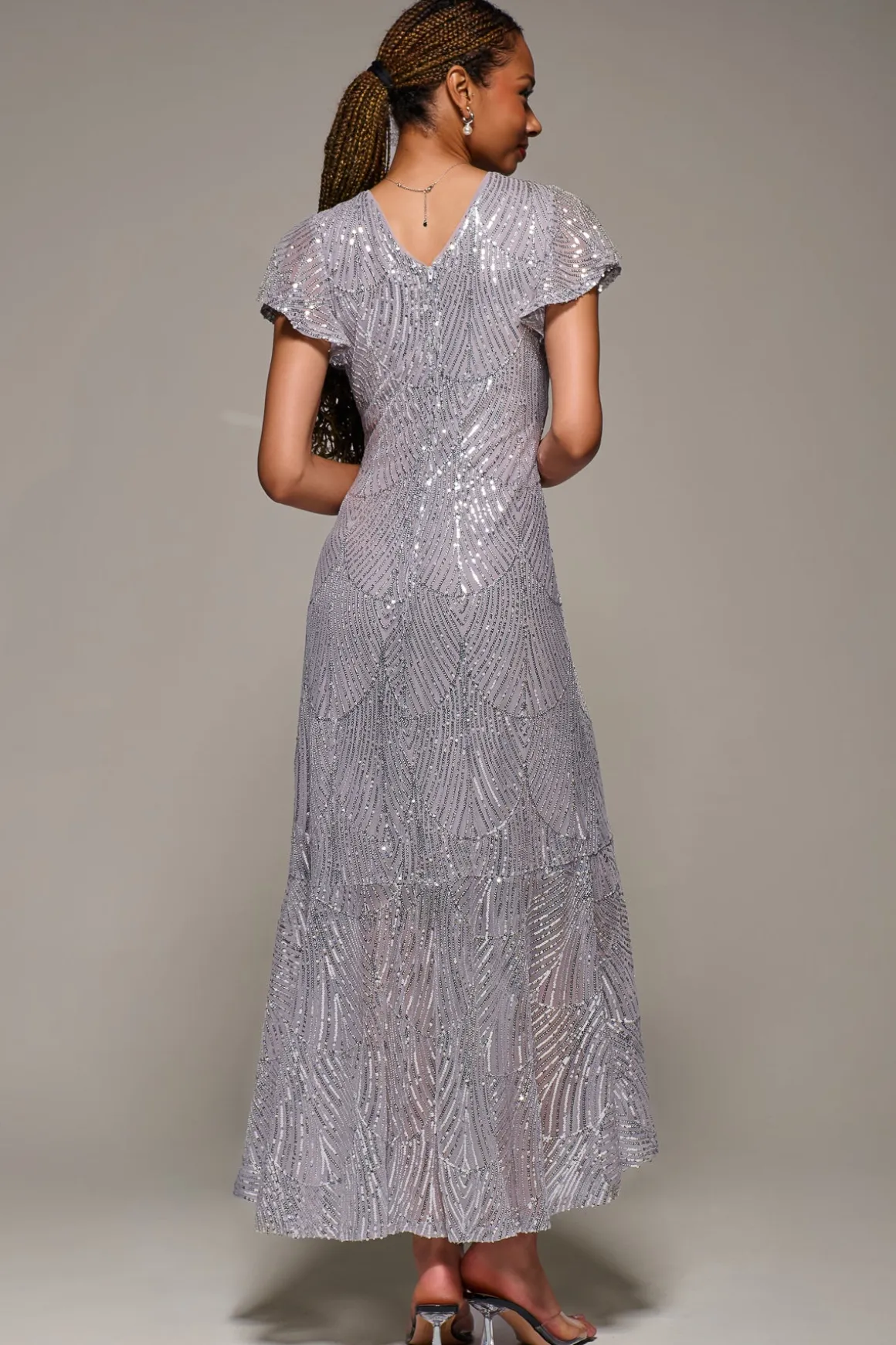 Frill Short Sleeve Sequin Maxi Dress, Silver Grey