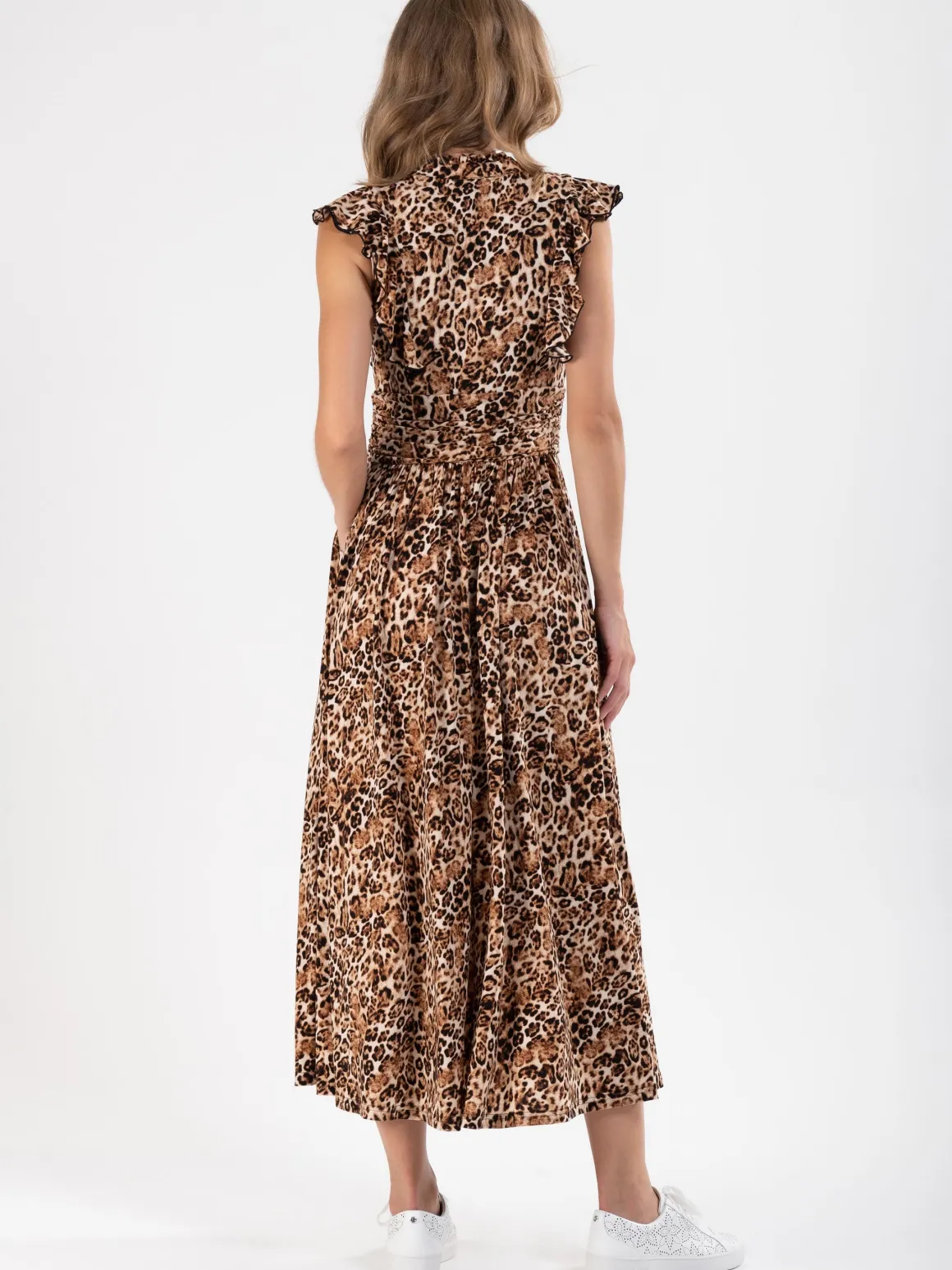 Frill Shoulder Maxi Dress, Brown Animal